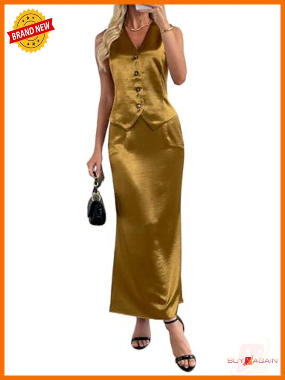 2 Piece Skirt Set Maxi Thick Satin Suit Vest Waistcoat Business Casual Night Out